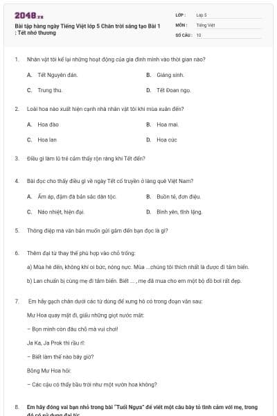 Bài tập hàng ngày Tiếng Việt lớp 5 Chân trời sáng tạo Bài 1 : Tết nhớ thương