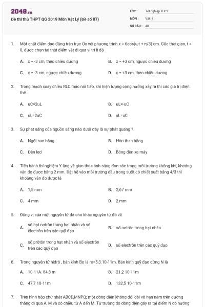Đề thi thử THPT QG 2019 Môn Vật Lý (Đề số 07)