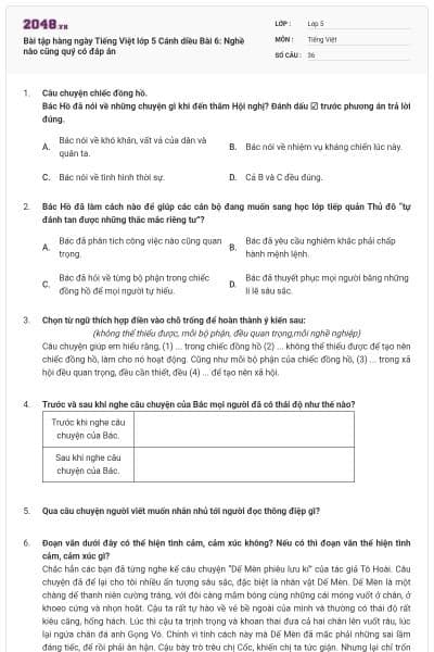 Bài tập hàng ngày Tiếng Việt lớp 5 Cánh diều Bài 6: Nghề nào cũng quý có đáp án