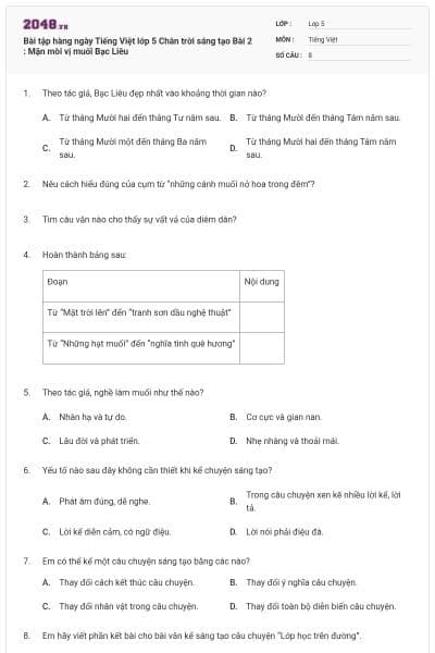 Bài tập hàng ngày Tiếng Việt lớp 5 Chân trời sáng tạo Bài 2 : Mặn mòi vị muối Bạc Liêu