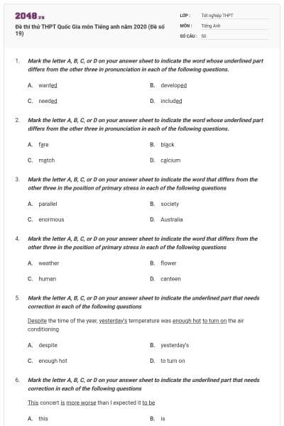 Đề thi thử THPT Quốc Gia môn Tiếng anh năm 2020 (Đề số 19)