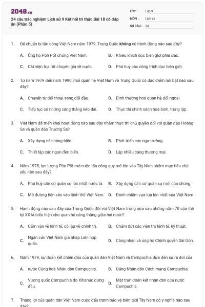 24 câu trắc nghiệm Lịch sử 9 Kết nối tri thức Bài 18 có đáp án (Phần 5)