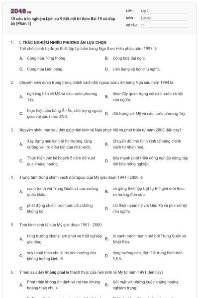 15 câu trắc nghiệm Lịch sử 9 Kết nối tri thức Bài 19 có đáp án (Phần 1)