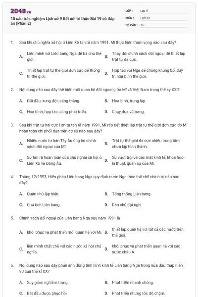 15 câu trắc nghiệm Lịch sử 9 Kết nối tri thức Bài 19 có đáp án (Phần 2)