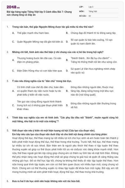 Bài tập hàng ngày Tiếng Việt lớp 5 Cánh diều Bài 7: Chung sức chung lòng có đáp án