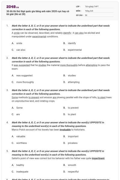 30 đề thi thử thpt quốc gia tiếng anh năm 2020 cực hay có lời giải (Đề số 28)