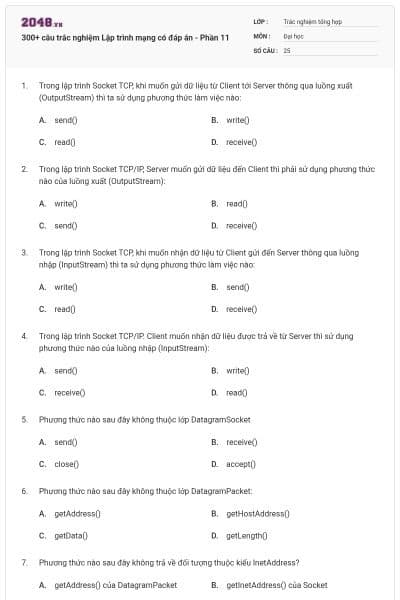 300+ câu trắc nghiệm Lập trình mạng có đáp án - Phần 11