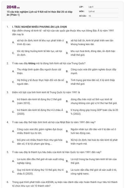 15 câu trắc nghiệm Lịch sử 9 Kết nối tri thức Bài 20 có đáp án (Phần 1)