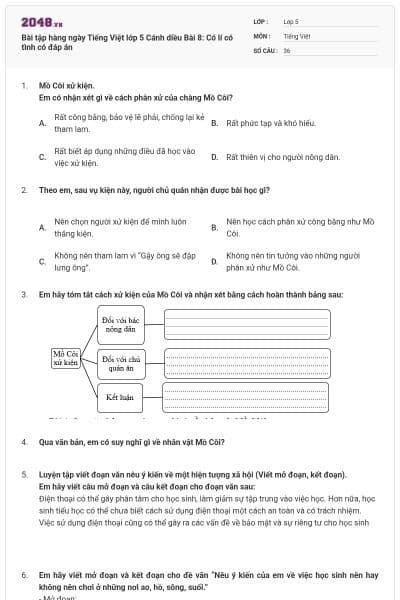 Bài tập hàng ngày Tiếng Việt lớp 5 Cánh diều Bài 8: Có lí có tình có đáp án