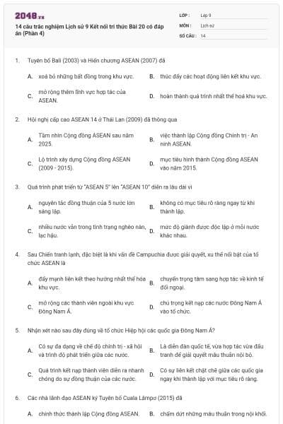 14 câu trắc nghiệm Lịch sử 9 Kết nối tri thức Bài 20 có đáp án (Phần 4)