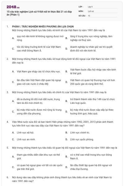 15 câu trắc nghiệm Lịch sử 9 Kết nối tri thức Bài 21 có đáp án (Phần 1)