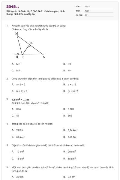 Bài tập ôn hè Toán lớp 5 Chủ đề 2. Hình tam giác, hình thang, hình tròn có đáp án