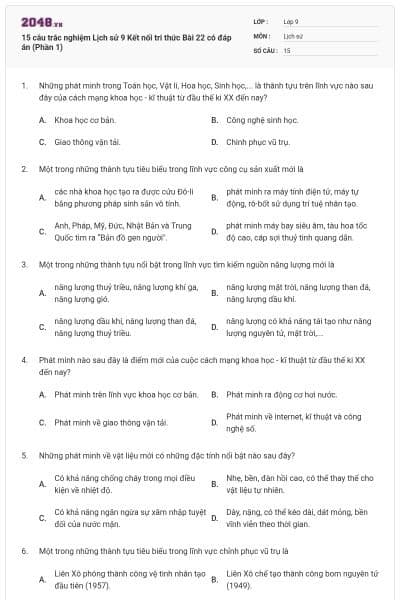 15 câu trắc nghiệm Lịch sử 9 Kết nối tri thức Bài 22 có đáp án (Phần 1)