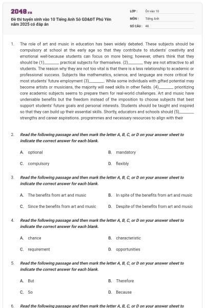 Đề thi tuyển sinh vào 10 Tiếng Anh Sở GD&ĐT Phú Yên năm 2025 có đáp án