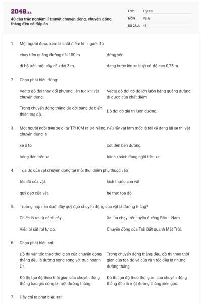 40 câu trắc nghiệm lí thuyết chuyển động, chuyên động thẳng đều có đáp án