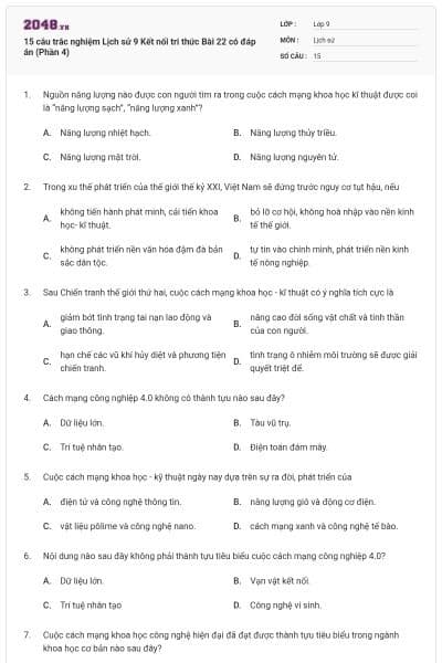 15 câu trắc nghiệm Lịch sử 9 Kết nối tri thức Bài 22 có đáp án (Phần 4)