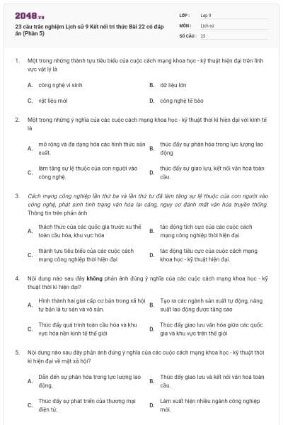 23 câu trắc nghiệm Lịch sử 9 Kết nối tri thức Bài 22 có đáp án (Phần 5)