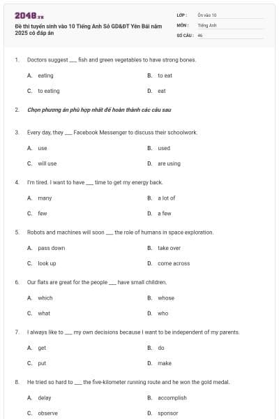 Đề thi tuyển sinh vào 10 Tiếng Anh Sở GD&ĐT Yên Bái năm 2025 có đáp án