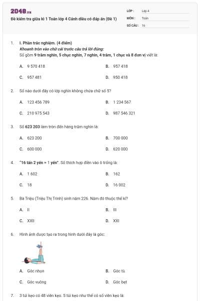 Đề kiểm tra giữa kì 1 Toán lớp 4 Cánh diều có đáp án (Đề 1)