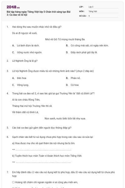 Bài tập hàng ngày Tiếng Việt lớp 5 Chân trời sáng tạo Bài 3: Ca dao về lễ hội