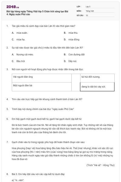 Bài tập hàng ngày Tiếng Việt lớp 5 Chân trời sáng tạo Bài 4: Ngày xuân Phố cáo