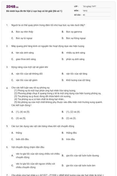 Đề minh họa đề thi Vật Lí cực hay có lời giải (Đề số 1)
