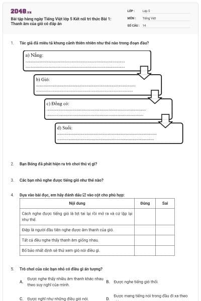 Bài tập hàng ngày Tiếng Việt lớp 5 Kết nối tri thức Bài 1: Thanh âm của gió có đáp án