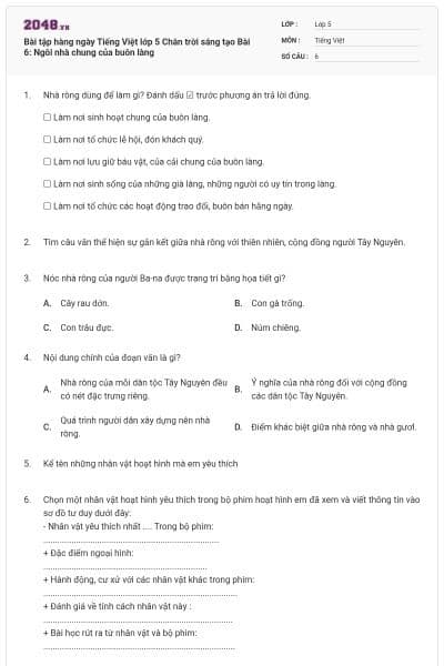 Bài tập hàng ngày Tiếng Việt lớp 5 Chân trời sáng tạo Bài 6: Ngôi nhà chung của buôn làng