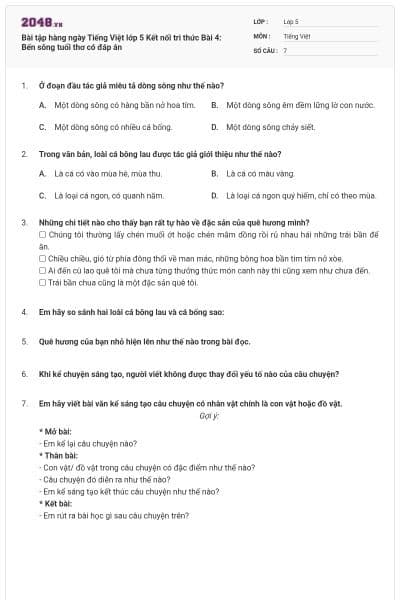 Bài tập hàng ngày Tiếng Việt lớp 5 Kết nối tri thức Bài 4: Bến sông tuổi thơ có đáp án