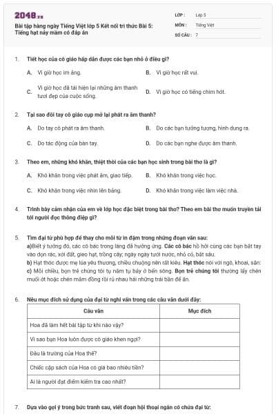 Bài tập hàng ngày Tiếng Việt lớp 5 Kết nối tri thức Bài 5: Tiếng hạt nảy mầm có đáp án