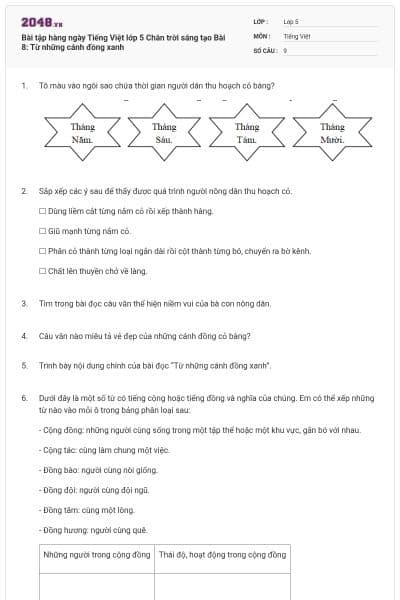 Bài tập hàng ngày Tiếng Việt lớp 5 Chân trời sáng tạo Bài 8: Từ những cánh đồng xanh