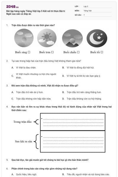 Bài tập hàng ngày Tiếng Việt lớp 5 Kết nối tri thức Bài 6: Ngôi sao sân cỏ đáp án