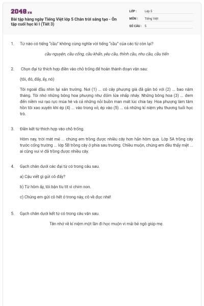 Bài tập hàng ngày Tiếng Việt lớp 5 Chân trời sáng tạo - Ôn tập cuối học kì I (Tiết 3)