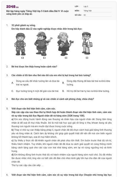 Bài tập hàng ngày Tiếng Việt lớp 5 Cánh diều Bài 9: Vì cuộc sống bình yên có đáp án