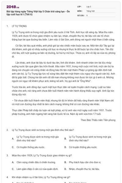Bài tập hàng ngày Tiếng Việt lớp 5 Chân trời sáng tạo - Ôn tập cuối học kì I (Tiết 6)