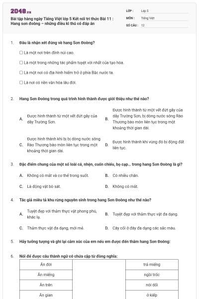 Bài tập hàng ngày Tiếng Việt lớp 5 Kết nối tri thức Bài 11 : Hang sơn đoòng – những điều kì thú có đáp án