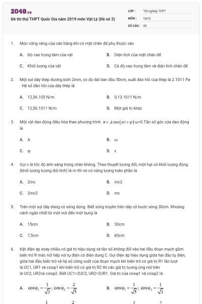 Đề thi thử THPT Quốc Gia năm 2019 môn Vật Lý (Đề số 3)