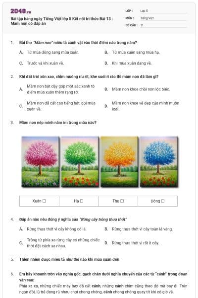 Bài tập hàng ngày Tiếng Việt lớp 5 Kết nối tri thức Bài 13 : Mầm non có đáp án