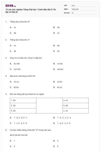 10 câu trắc nghiệm Tiếng Việt lớp 1 Cánh diều Bài 9: Ôn tập có đáp án