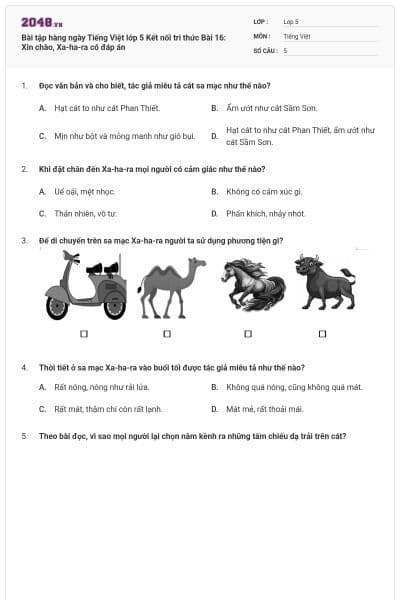 Bài tập hàng ngày Tiếng Việt lớp 5 Kết nối tri thức Bài 16: Xin chào, Xa-ha-ra có đáp án