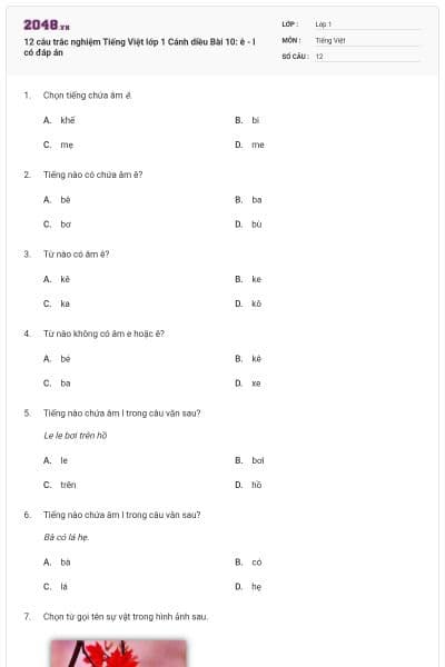 12 câu trắc nghiệm Tiếng Việt lớp 1 Cánh diều Bài 10: ê - l có đáp án