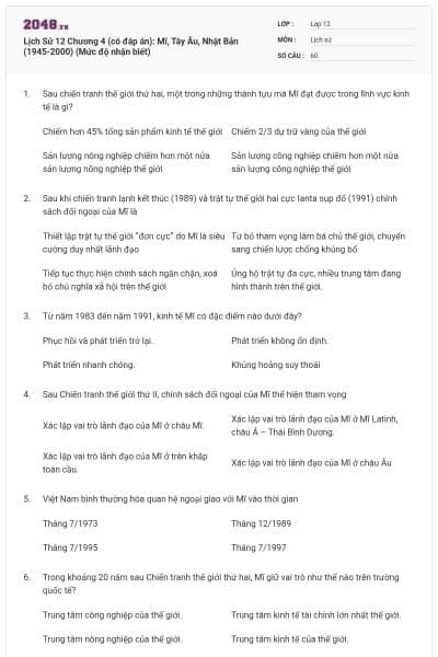 Lịch Sử 12 Chương 4 (có đáp án): Mĩ, Tây Âu, Nhật Bản (1945-2000) (Mức độ nhận biết)