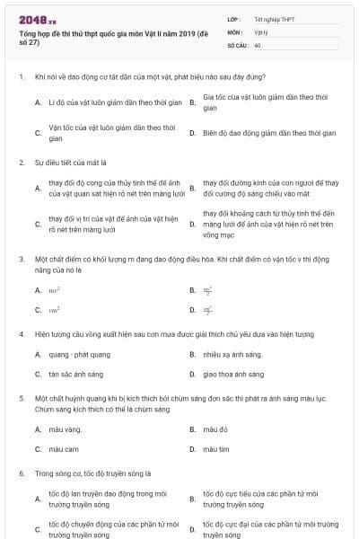 Tổng hợp đề thi thử thpt quốc gia môn Vật lí năm 2019 (đề số 27)