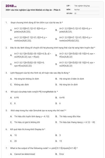 300+ câu trắc nghiệm Lập trình Matlab có đáp án - Phần 6