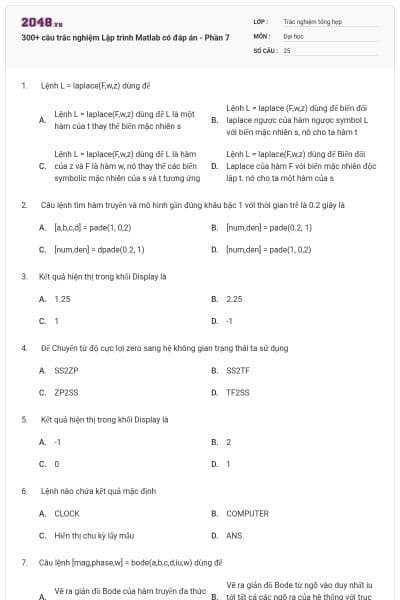 300+ câu trắc nghiệm Lập trình Matlab có đáp án - Phần 7
