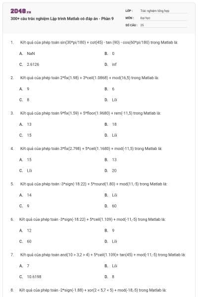 300+ câu trắc nghiệm Lập trình Matlab có đáp án - Phần 9