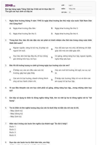 Bài tập hàng ngày Tiếng Việt lớp 5 Kết nối tri thức Bài 17: Thư gửi các học sinh có đáp án