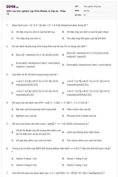 300+ câu trắc nghiệm Lập trình Matlab có đáp án - Phần 12