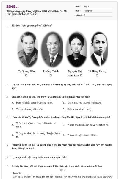 Bài tập hàng ngày Tiếng Việt lớp 5 Kết nối tri thức Bài 18: Tấm gương tự học có đáp án