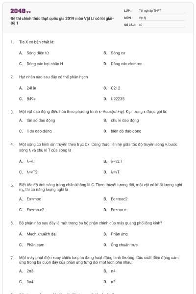 Đề thi chính thức thpt quốc gia 2019 môn Vật Lí có lời giải- Đề 1